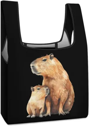 Watercolor Capybara Novelty Reusable Grocery Bag Fold-able Shopping Bags Washable Tote Lightweight Storage Pouch with Handle