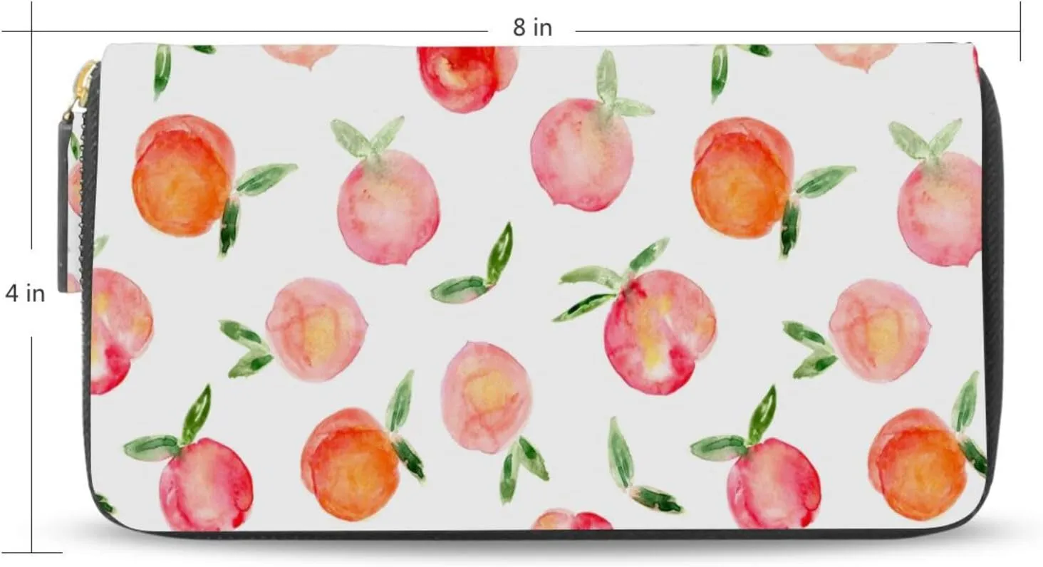 Watercolor Peaches Fruits Seamless On Black Leather Long Wallet Organizer with Zipper Purse Clutch Bag for Women Men Key Card Coin Passport Checkbook 8 x 4 inch