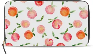Watercolor Peaches Fruits Seamless On Black Leather Long Wallet Organizer with Zipper Purse Clutch Bag for Women Men Key Card Coin Passport Checkbook 8 x 4 inch