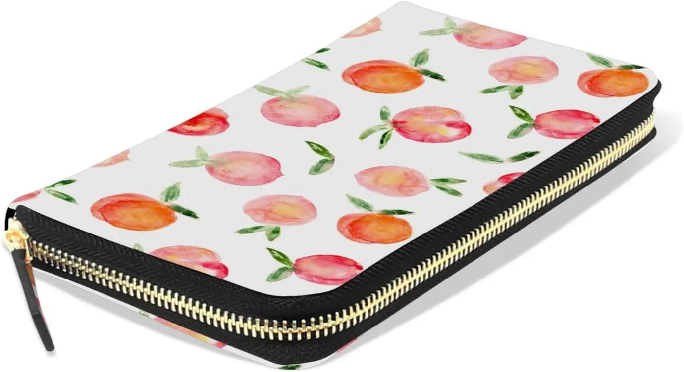 Watercolor Peaches Fruits Seamless On Black Leather Long Wallet Organizer with Zipper Purse Clutch Bag for Women Men Key Card Coin Passport Checkbook 8 x 4 inch