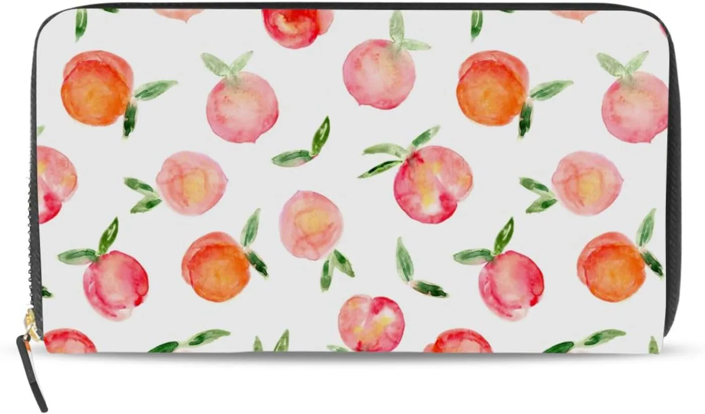 Watercolor Peaches Fruits Seamless On Black Leather Long Wallet Organizer with Zipper Purse Clutch Bag for Women Men Key Card Coin Passport Checkbook 8 x 4 inch