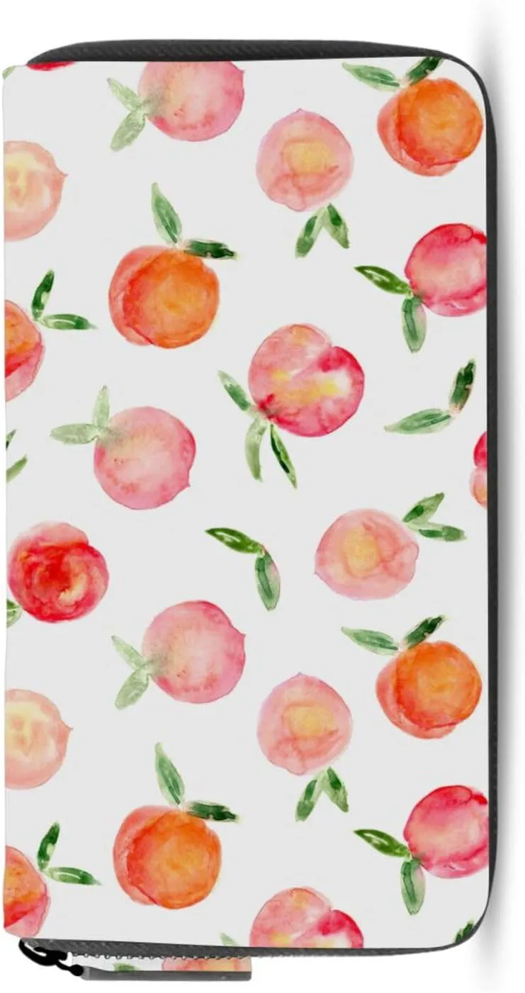 Watercolor Peaches Fruits Seamless On Black Leather Long Wallet Organizer with Zipper Purse Clutch Bag for Women Men Key Card Coin Passport Checkbook 8 x 4 inch
