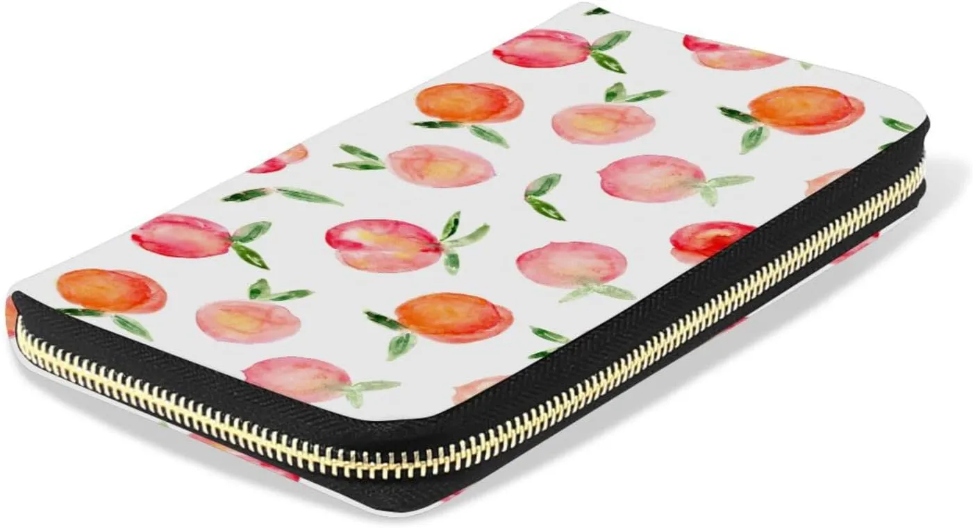 Watercolor Peaches Fruits Seamless On Black Leather Long Wallet Organizer with Zipper Purse Clutch Bag for Women Men Key Card Coin Passport Checkbook 8 x 4 inch