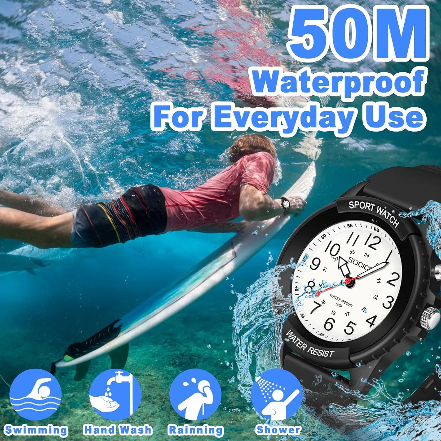 Waterproof Nurse Watch for Medical Professionals, Students, Women Men, Military Time Easy to Read Dial, 24 Hour with Second Hand, Night Light, Soft and Breathable Silicone Band
