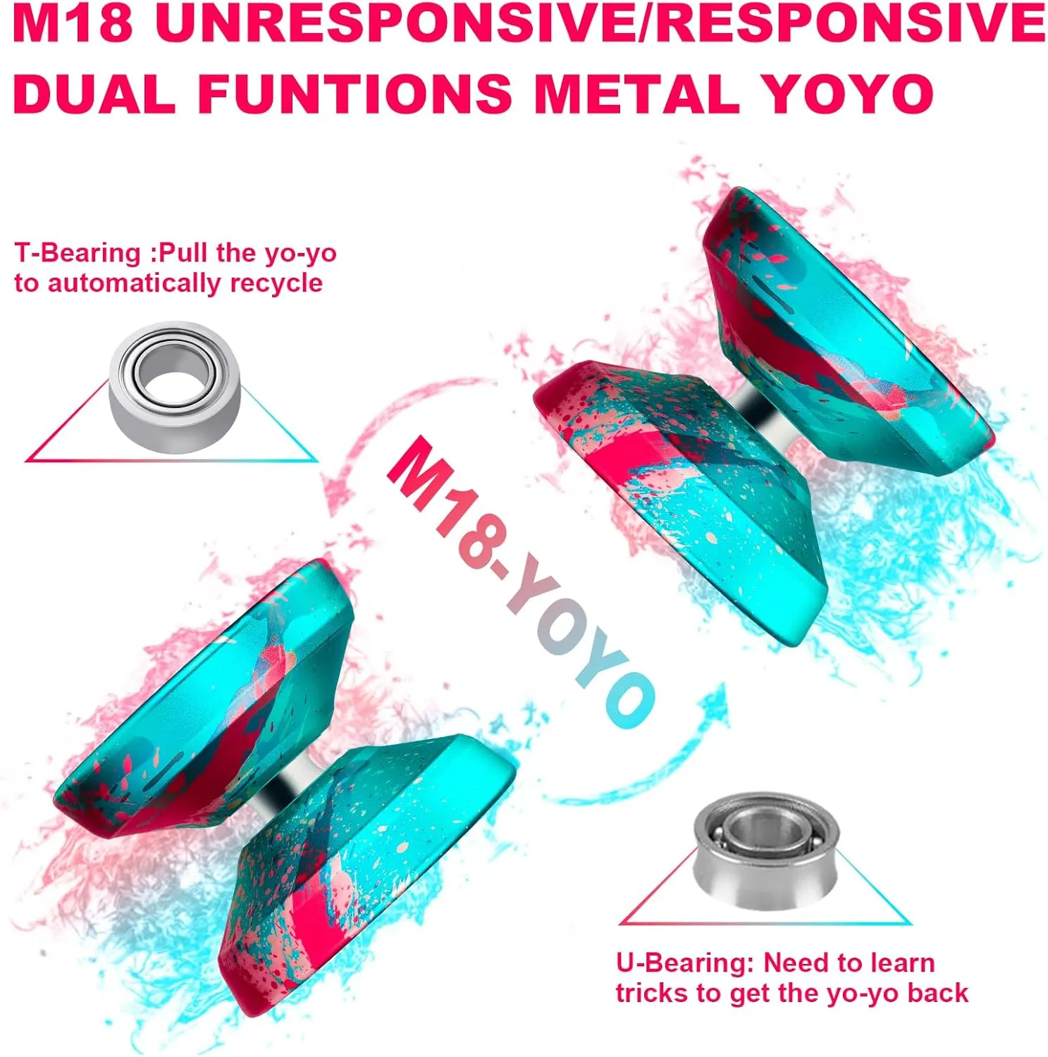 WATIEOBOO M18 Responsive & Unresponsive Yoyo for Kids & Adults Pro Metal Trick Yoyo with Yo Yo Bearing Kit, 10 Strings, Case & Gloves (M18-Colorful)