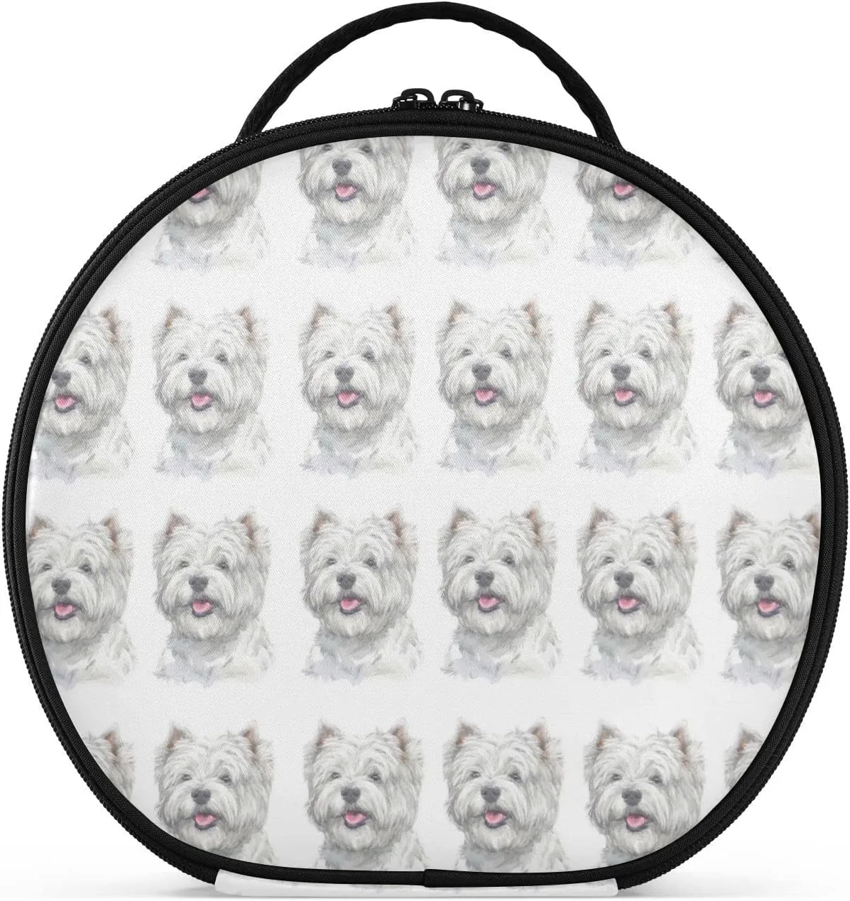 West Highland White Terrier Breed Dog Painting on White Women's Portable Round Makeup Bag with Handle, Cosmetic Bag, Adjustable Dividers, Travel Cosmetic Storage 11 x 3.5 x 10 inch