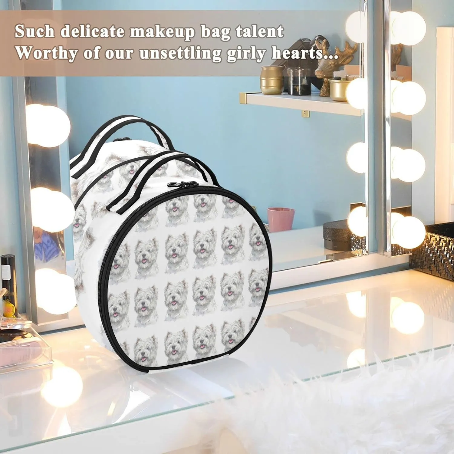 West Highland White Terrier Breed Dog Painting on White Women's Portable Round Makeup Bag with Handle, Cosmetic Bag, Adjustable Dividers, Travel Cosmetic Storage 11 x 3.5 x 10 inch
