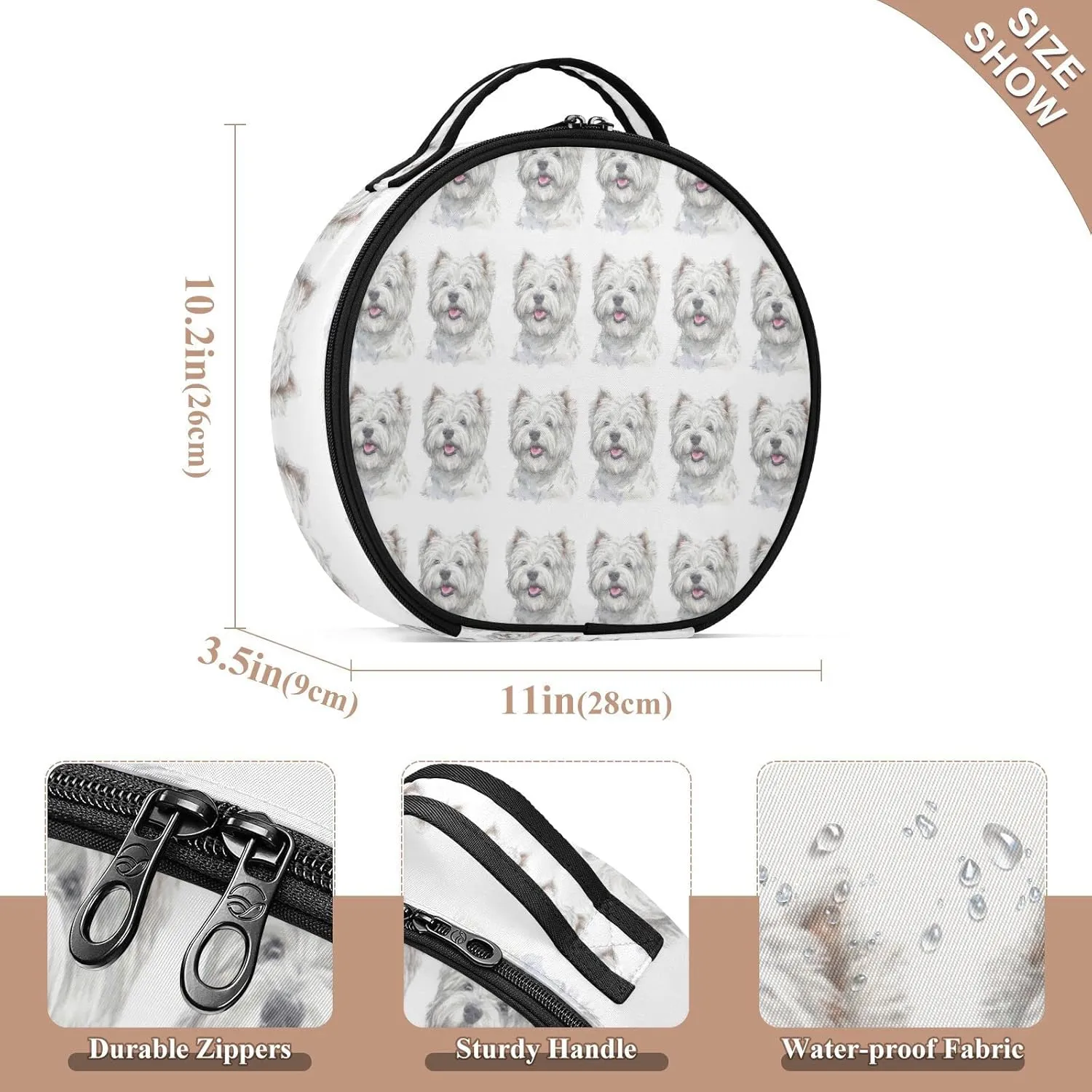 West Highland White Terrier Breed Dog Painting on White Women's Portable Round Makeup Bag with Handle, Cosmetic Bag, Adjustable Dividers, Travel Cosmetic Storage 11 x 3.5 x 10 inch
