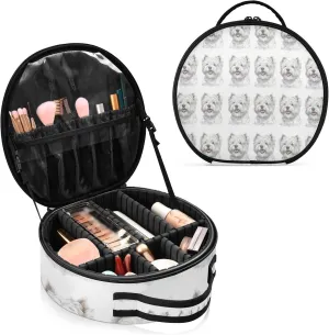 West Highland White Terrier Breed Dog Painting on White Women's Portable Round Makeup Bag with Handle, Cosmetic Bag, Adjustable Dividers, Travel Cosmetic Storage 11 x 3.5 x 10 inch