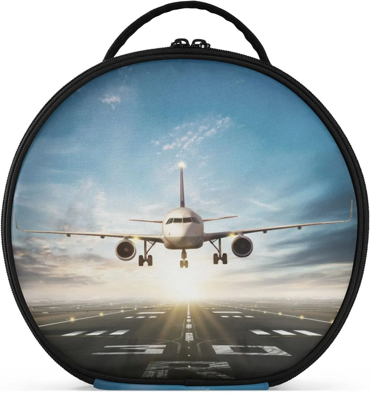 White Aircraft Take Off Runway in Daylight Sunrise Women's Portable Round Makeup Bag with Handle, Cosmetic Bag, Adjustable Dividers, Travel Cosmetic Storage 11 x 3.5 x 10 inch