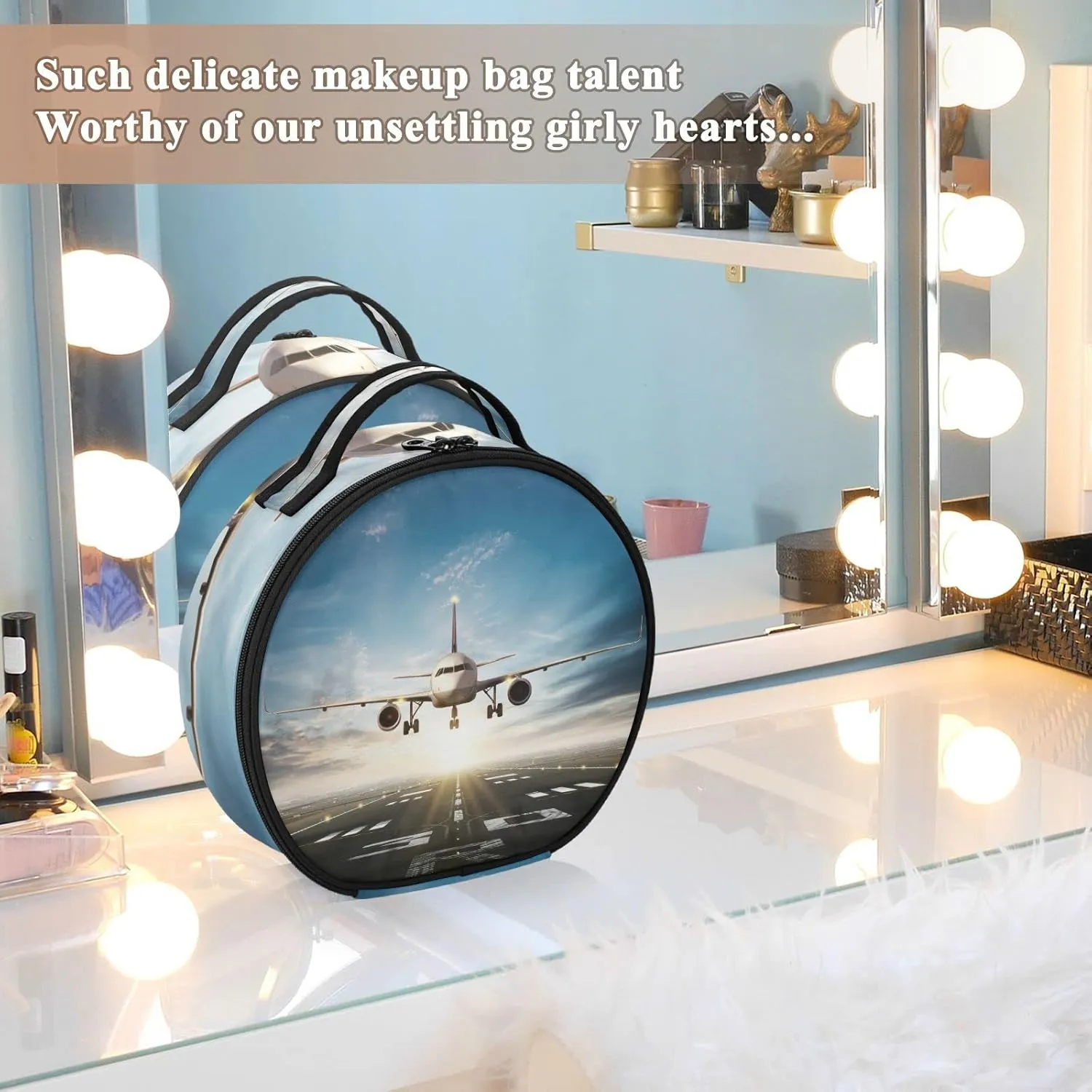 White Aircraft Take Off Runway in Daylight Sunrise Women's Portable Round Makeup Bag with Handle, Cosmetic Bag, Adjustable Dividers, Travel Cosmetic Storage 11 x 3.5 x 10 inch