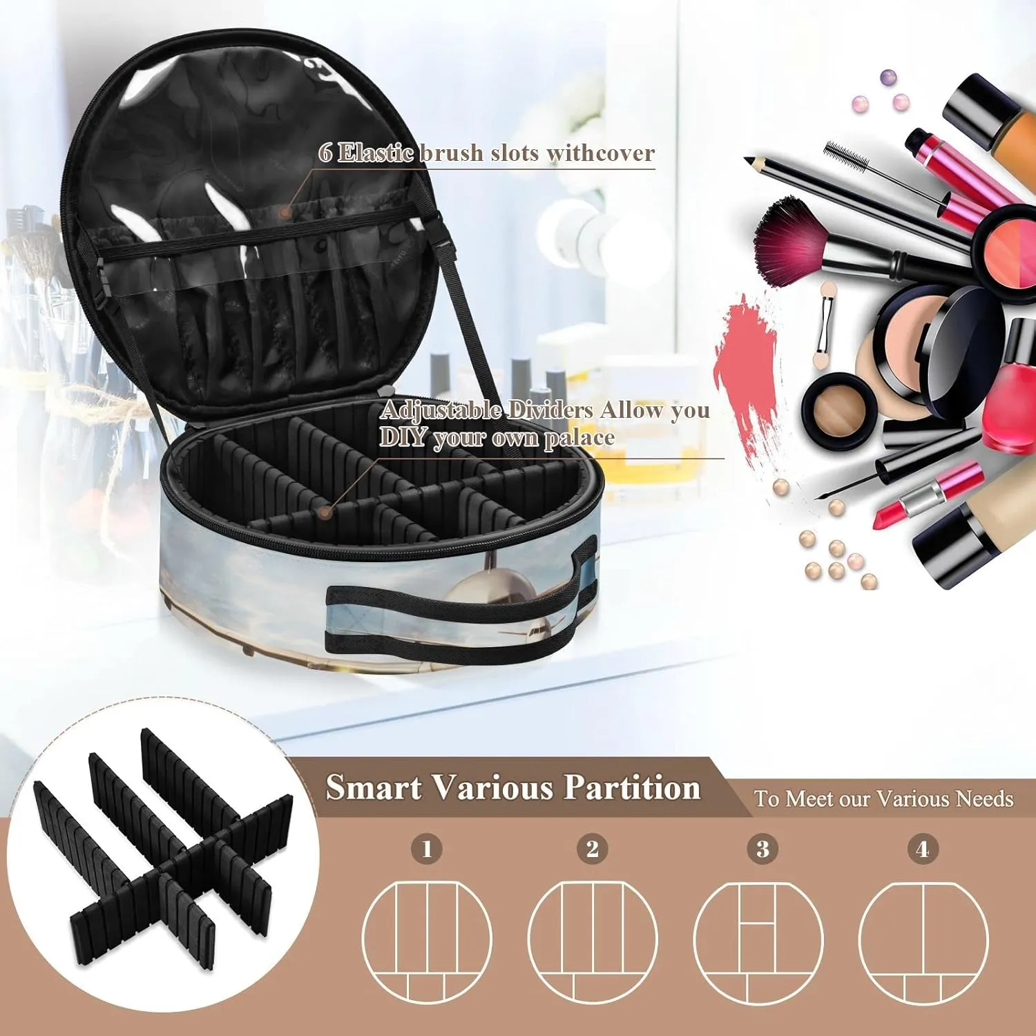 White Aircraft Take Off Runway in Daylight Sunrise Women's Portable Round Makeup Bag with Handle, Cosmetic Bag, Adjustable Dividers, Travel Cosmetic Storage 11 x 3.5 x 10 inch
