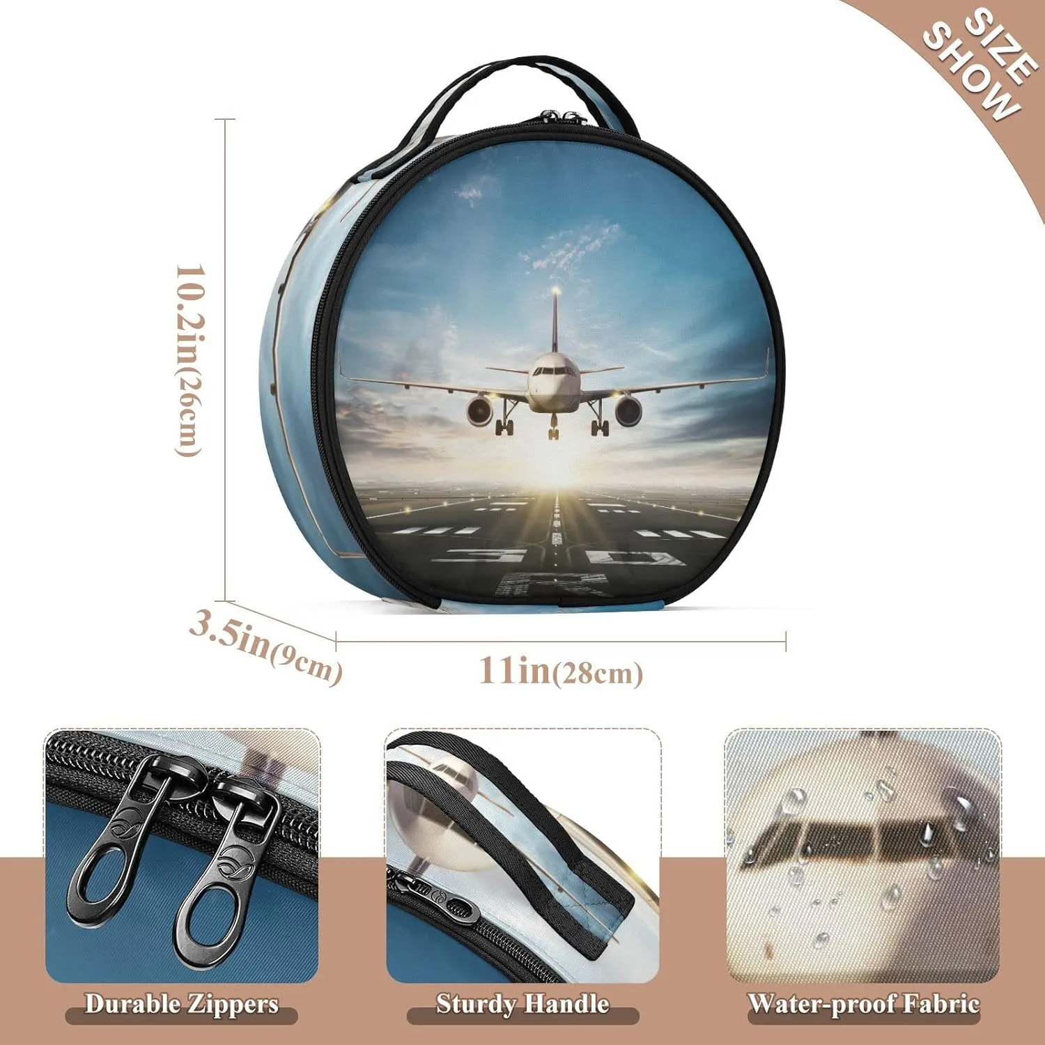 White Aircraft Take Off Runway in Daylight Sunrise Women's Portable Round Makeup Bag with Handle, Cosmetic Bag, Adjustable Dividers, Travel Cosmetic Storage 11 x 3.5 x 10 inch