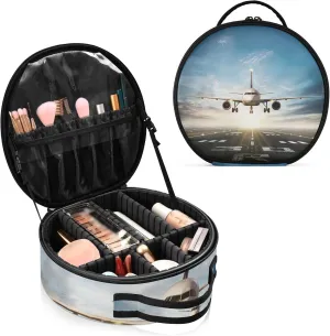 White Aircraft Take Off Runway in Daylight Sunrise Women's Portable Round Makeup Bag with Handle, Cosmetic Bag, Adjustable Dividers, Travel Cosmetic Storage 11 x 3.5 x 10 inch