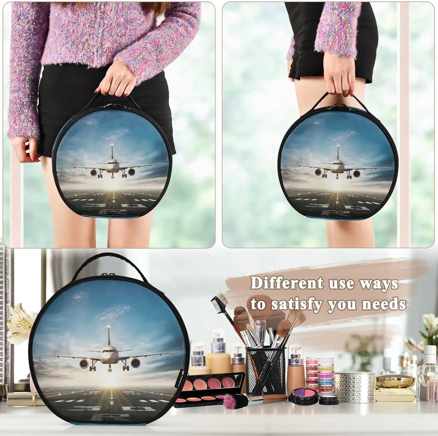 White Aircraft Take Off Runway in Daylight Sunrise Women's Portable Round Makeup Bag with Handle, Cosmetic Bag, Adjustable Dividers, Travel Cosmetic Storage 11 x 3.5 x 10 inch