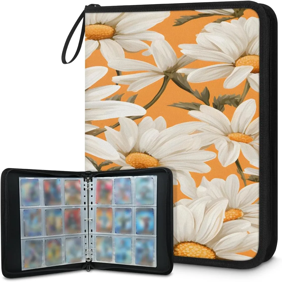 White Daisy 3 Ring Trading Zipper Binder Strap, Trading Card Binder 9 Pocket, 900 Pockets Card Holder with 50 Removable Sleeves for Game Cards