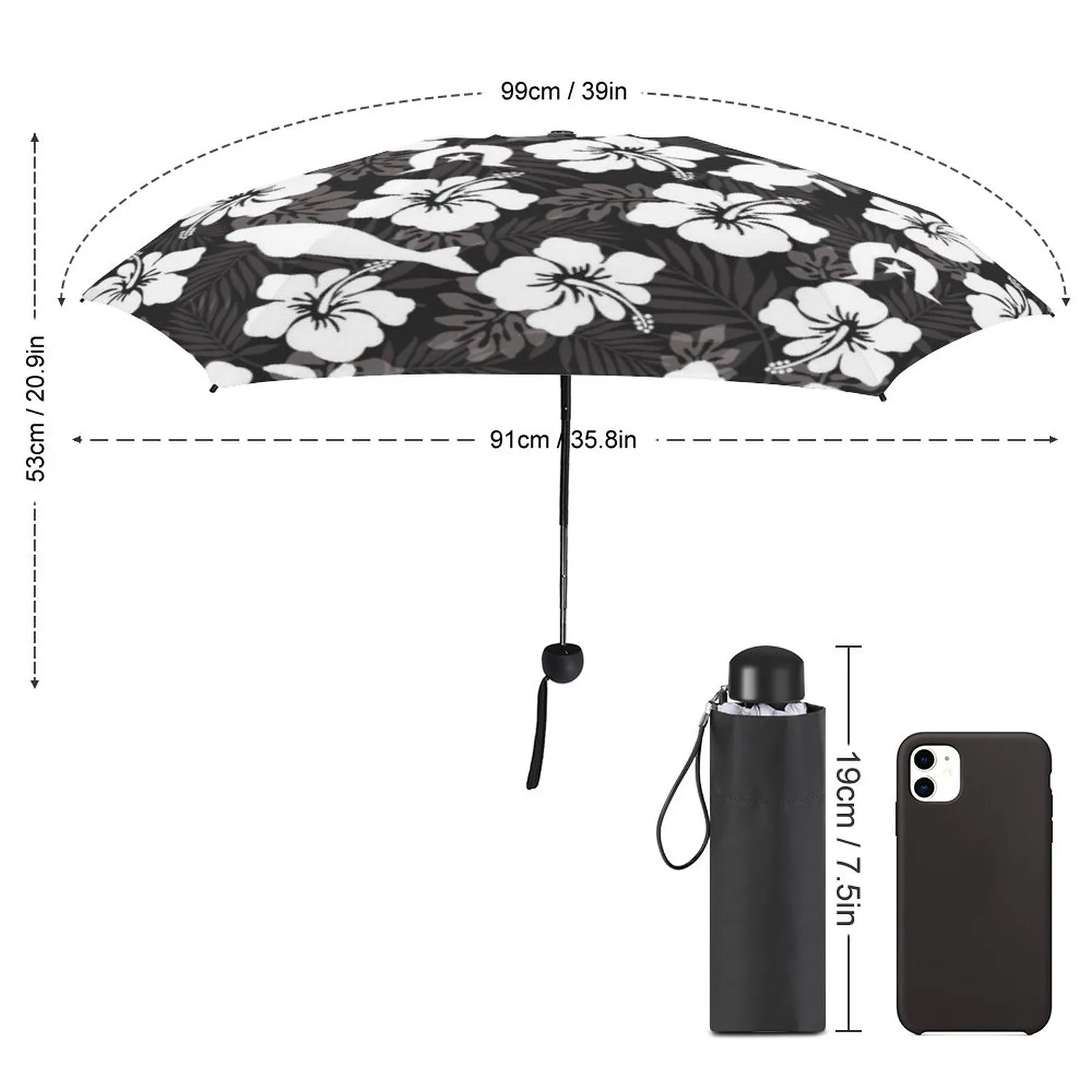 White Hibiscus flowers with Dugong, Turtle and Dhari (Black) on 5 Fold Umbrella