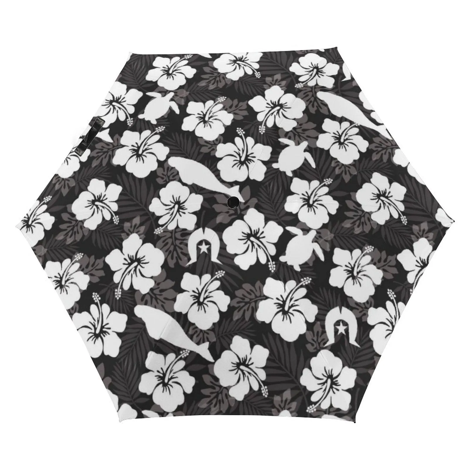 White Hibiscus flowers with Dugong, Turtle and Dhari (Black) on 5 Fold Umbrella