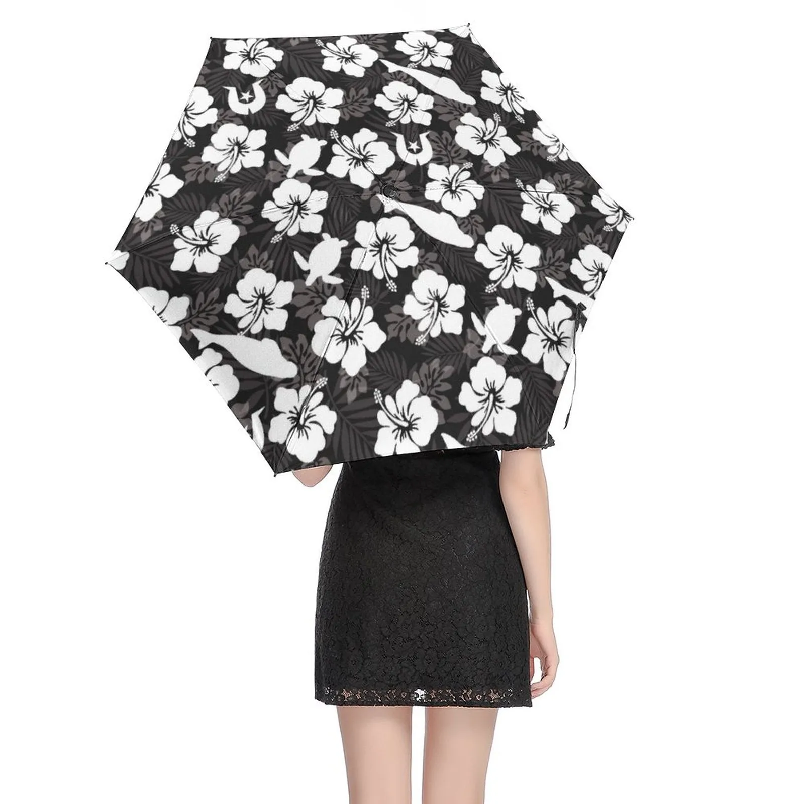 White Hibiscus flowers with Dugong, Turtle and Dhari (Black) on 5 Fold Umbrella