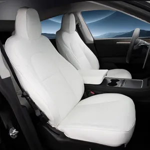 White Nappa Leather Car Seat Covers Compatible with Tesla Model Y 2020 2021 2022 2023 Full Set Custom Fit Does Not Affect The Airbag, Reserved Seat Belt Hole