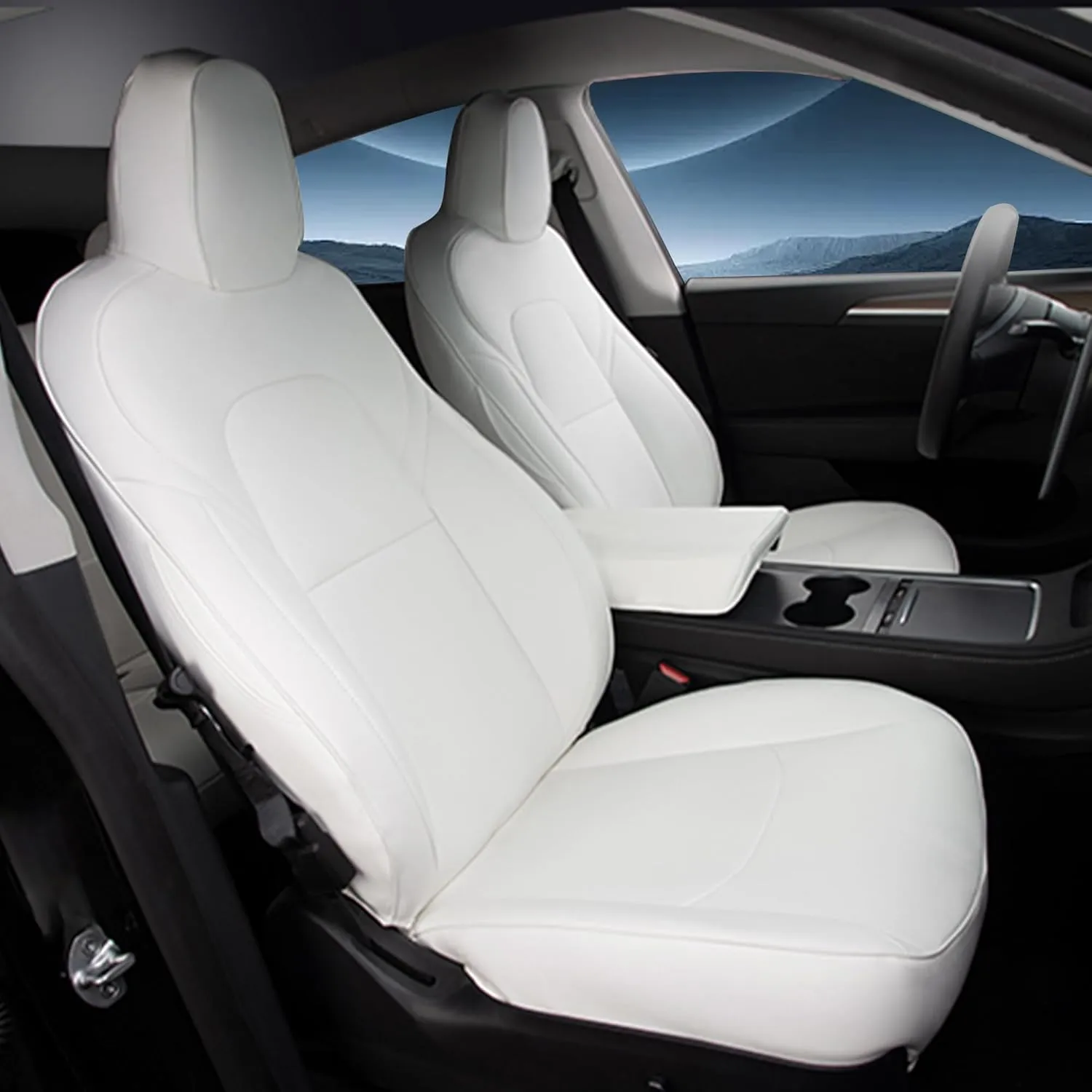 White Nappa Leather Car Seat Covers Compatible with Tesla Model Y 2020 2021 2022 2023 Full Set Custom Fit Does Not Affect The Airbag, Reserved Seat Belt Hole