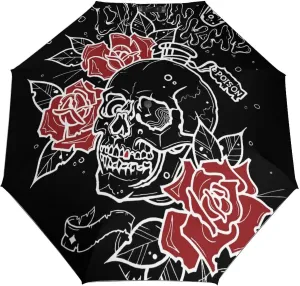Windproof Travel Umbrellas for Rain,Black Skull Red Roses Durable & Compact Umbrella-Waterproof Canopy for Backpack, Purse, Portable, Umbrella for Travel