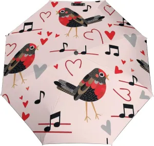 Windproof Travel Umbrellas for Rain,Cartoon Birds Hearts Notes Durable & Compact Umbrella-Waterproof Canopy for Backpack, Purse, Portable, Umbrella for Travel