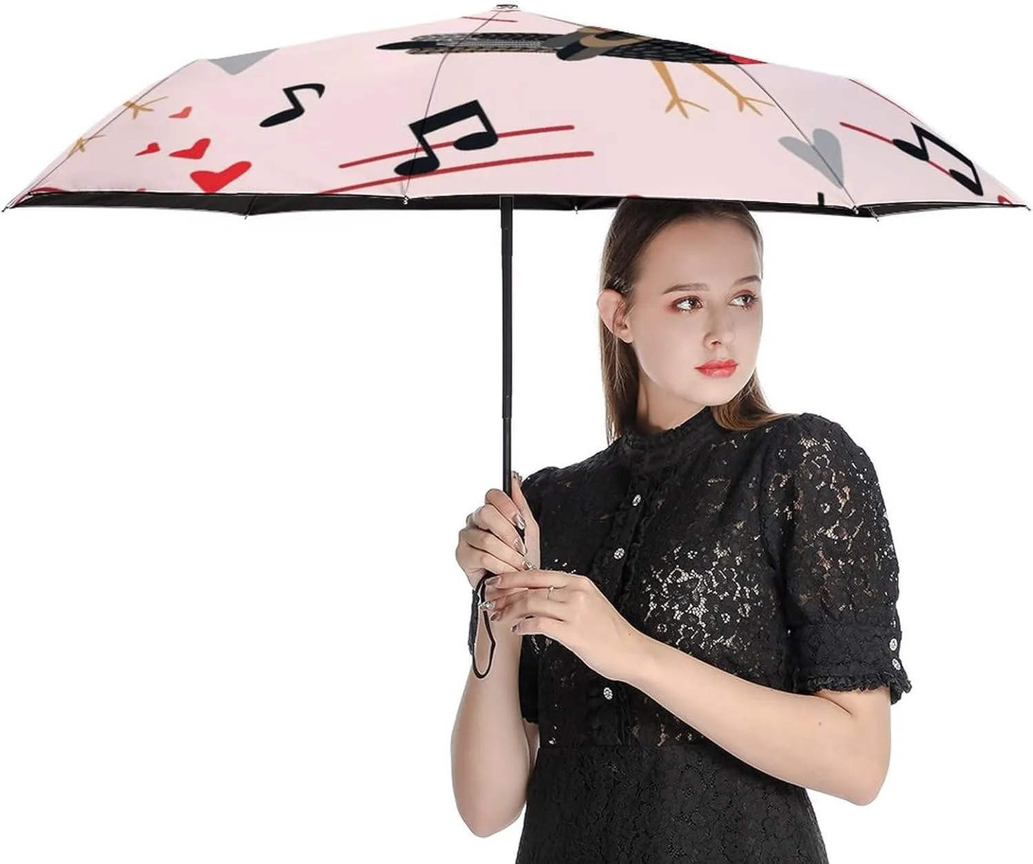 Windproof Travel Umbrellas for Rain,Cartoon Birds Hearts Notes Durable & Compact Umbrella-Waterproof Canopy for Backpack, Purse, Portable, Umbrella for Travel