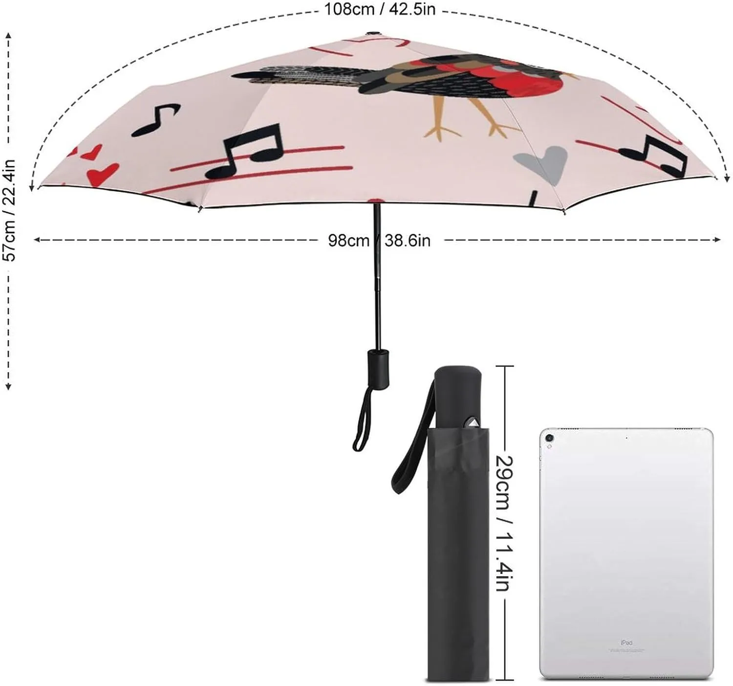 Windproof Travel Umbrellas for Rain,Cartoon Birds Hearts Notes Durable & Compact Umbrella-Waterproof Canopy for Backpack, Purse, Portable, Umbrella for Travel