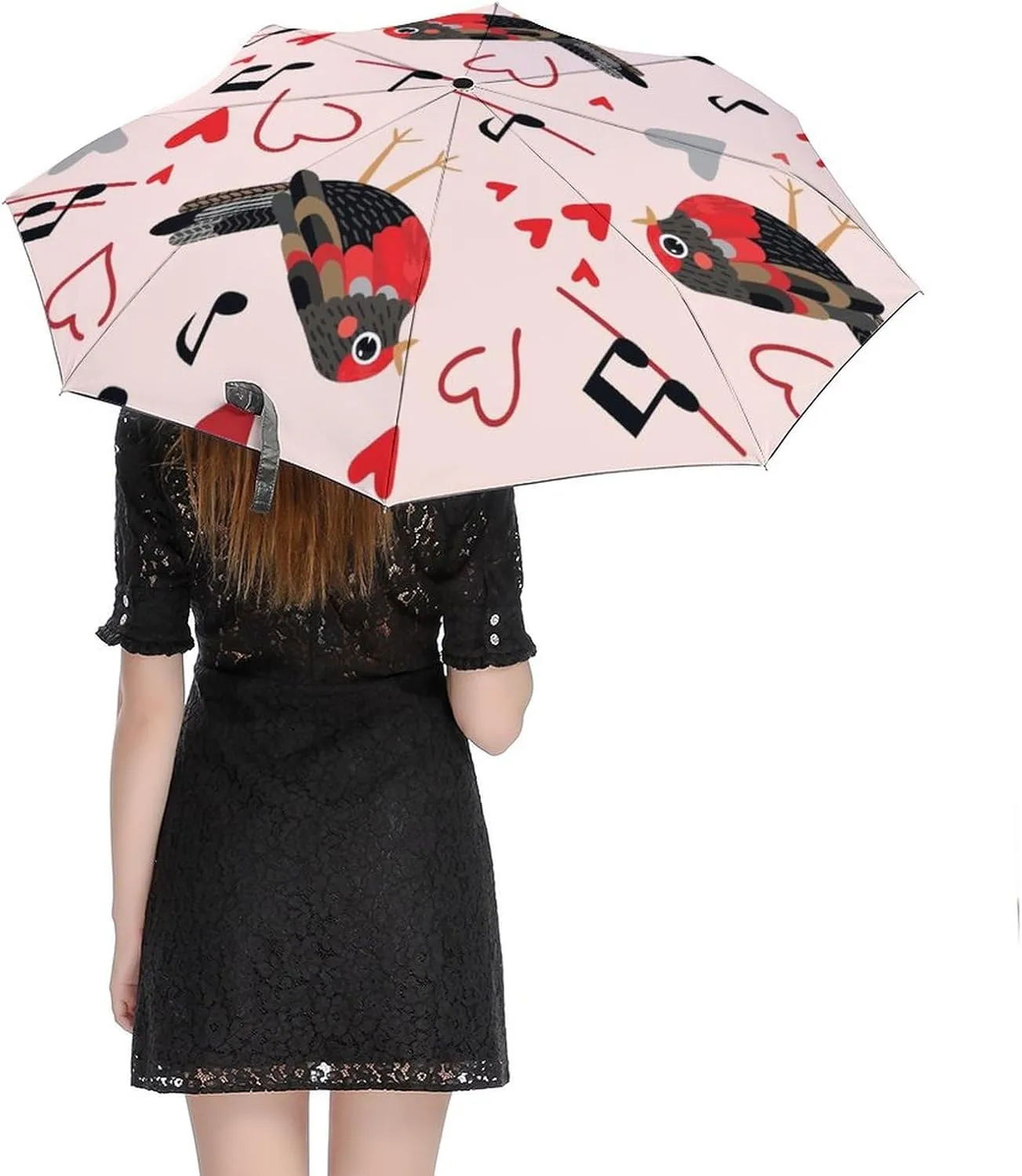 Windproof Travel Umbrellas for Rain,Cartoon Birds Hearts Notes Durable & Compact Umbrella-Waterproof Canopy for Backpack, Purse, Portable, Umbrella for Travel