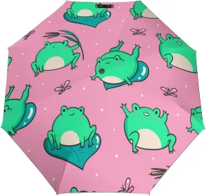 Windproof Travel Umbrellas for Rain,Cute Frogs Pink Cartoon Durable & Compact Umbrella-Waterproof Canopy for Backpack, Purse, Portable, Umbrella for Travel