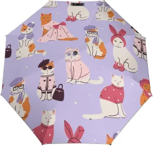 Windproof Travel Umbrellas for Rain,Cute Funny Cats Purple Durable & Compact Umbrella-Waterproof Canopy for Backpack, Purse, Portable, Umbrella for Travel
