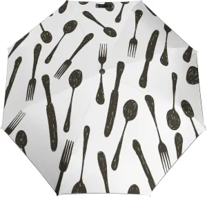 Windproof Travel Umbrellas for Rain,Doodle Spoon Knife Fork Durable & Compact Umbrella-Waterproof Canopy for Backpack, Purse, Portable, Umbrella for Travel