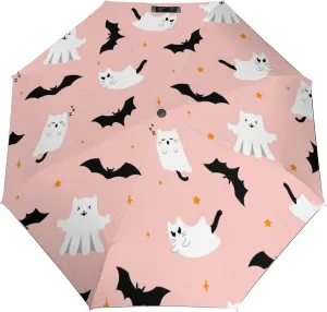 Windproof Travel Umbrellas for Rain,Ghost Cat Bat Star Pink Durable & Compact Umbrella-Waterproof Canopy for Backpack, Purse, Portable, Umbrella for Travel