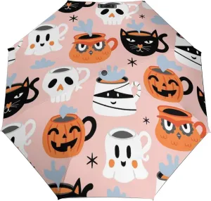 Windproof Travel Umbrellas for Rain,Ghost Pumpkin Cat Cups Durable & Compact Umbrella-Waterproof Canopy for Backpack, Purse, Portable, Umbrella for Travel
