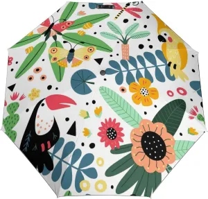 Windproof Travel Umbrellas for Rain,Parrots Toucans Flowers Durable & Compact Umbrella-Waterproof Canopy for Backpack, Purse, Portable, Umbrella for Travel