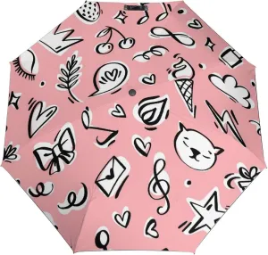 Windproof Travel Umbrellas for Rain,Pink Cute Music Notes Durable & Compact Umbrella-Waterproof Canopy for Backpack, Purse, Portable, Umbrella for Travel
