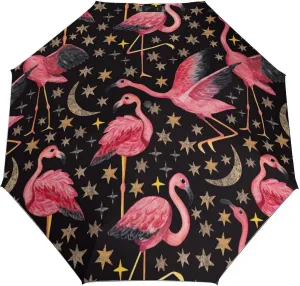 Windproof Travel Umbrellas for Rain,Pink Flamingos Stars Durable & Compact Umbrella-Waterproof Canopy for Backpack, Purse, Portable, Umbrella for Travel