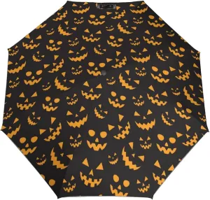 Windproof Travel Umbrellas for Rain,Spooky Orange Pumpkins Faces Durable & Compact Umbrella-Waterproof Canopy for Backpack, Purse, Portable, Umbrella for Travel
