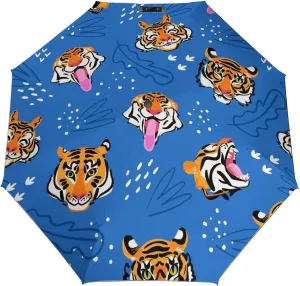 Windproof Travel Umbrellas for Rain,Tiger Head Blue Funny Durable & Compact Umbrella-Waterproof Canopy for Backpack, Purse, Portable, Umbrella for Travel
