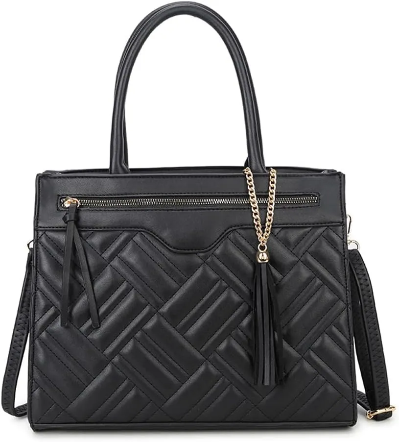 Women Handbag Embroidery Leather Purse With Tassel Solid Colored Work Tote Bag Top Handle Bag with Long Shoulder Strap