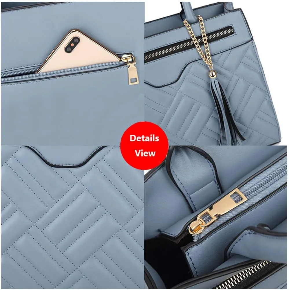 Women Handbag Embroidery Leather Purse With Tassel Solid Colored Work Tote Bag Top Handle Bag with Long Shoulder Strap