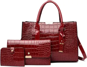 Women Handbag PU Leather Crocodile Leather Wallet Card Hold Shoulder Bag Purse 3 Pcs Set