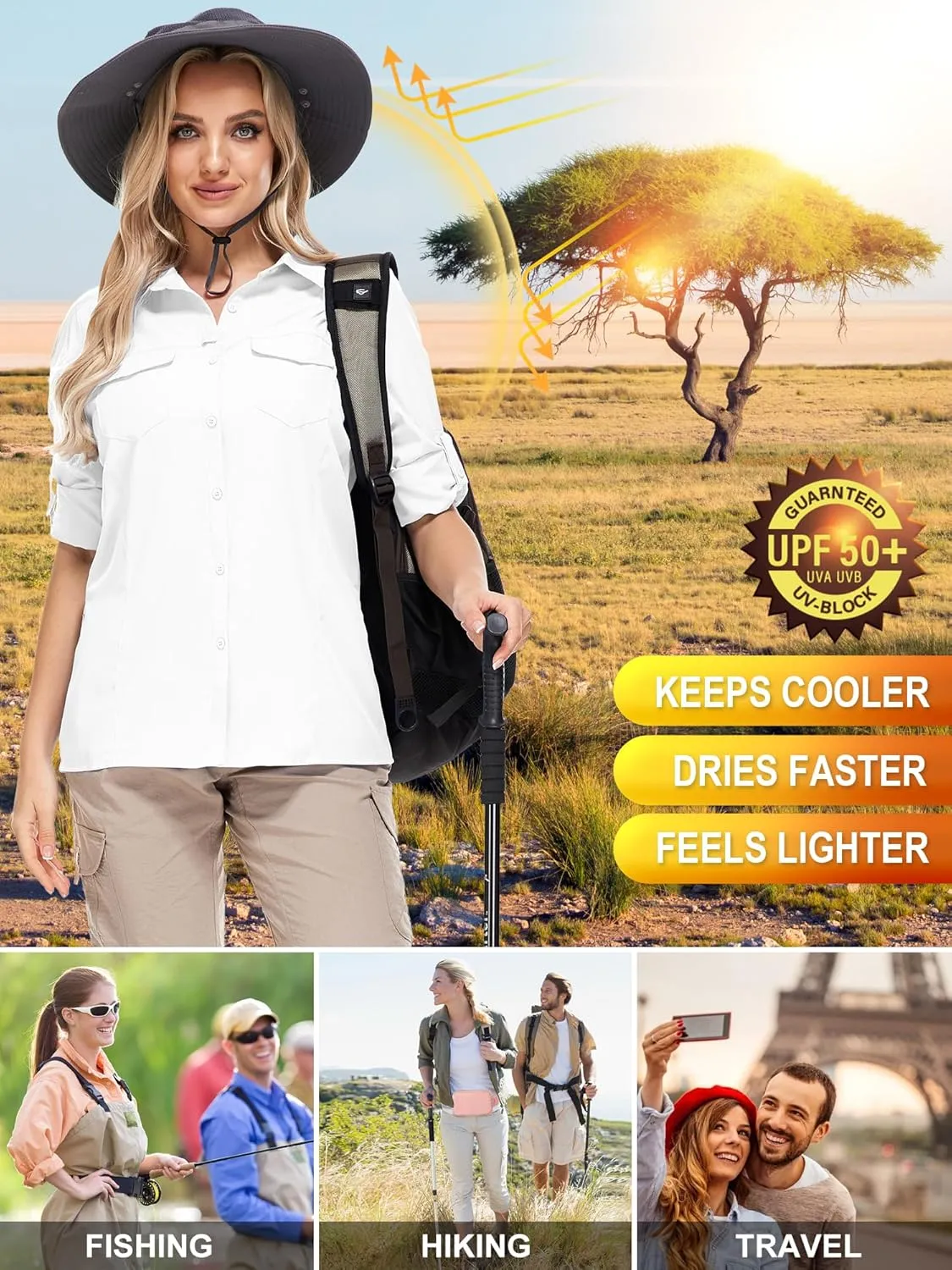 Women UPF 50  Sun Protection Safari Shirts Quick Dry Lightweight Outdoor Fishing Hiking Travel Shirts with Zipper Pockets