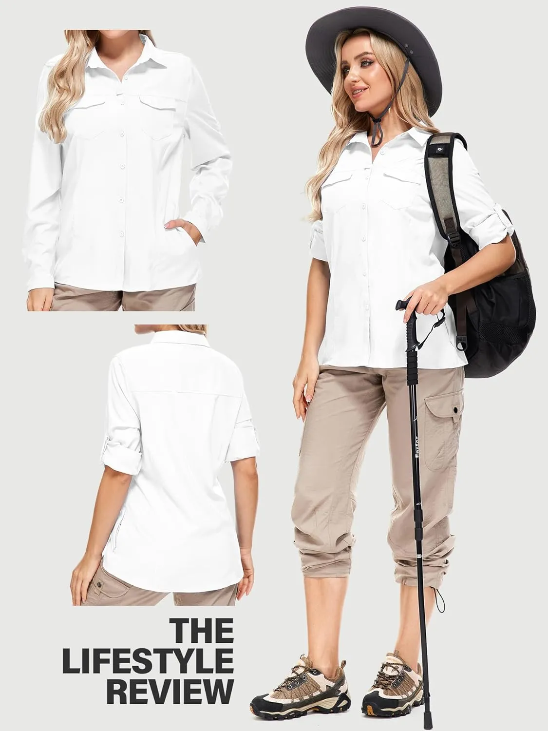 Women UPF 50  Sun Protection Safari Shirts Quick Dry Lightweight Outdoor Fishing Hiking Travel Shirts with Zipper Pockets