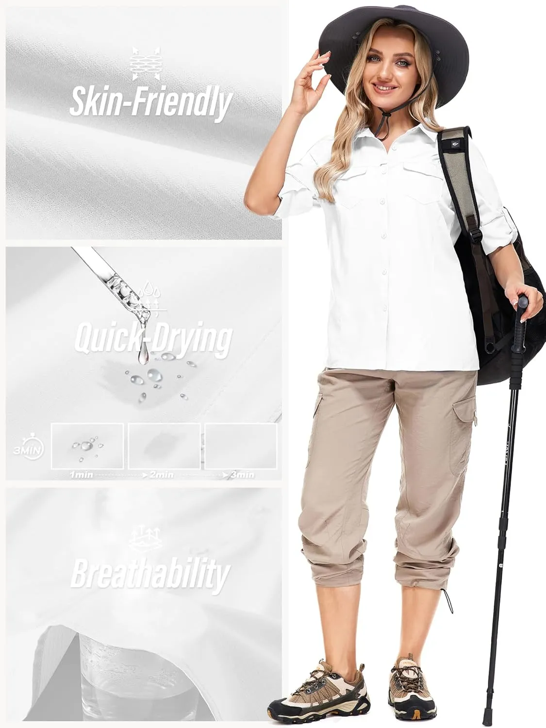 Women UPF 50  Sun Protection Safari Shirts Quick Dry Lightweight Outdoor Fishing Hiking Travel Shirts with Zipper Pockets