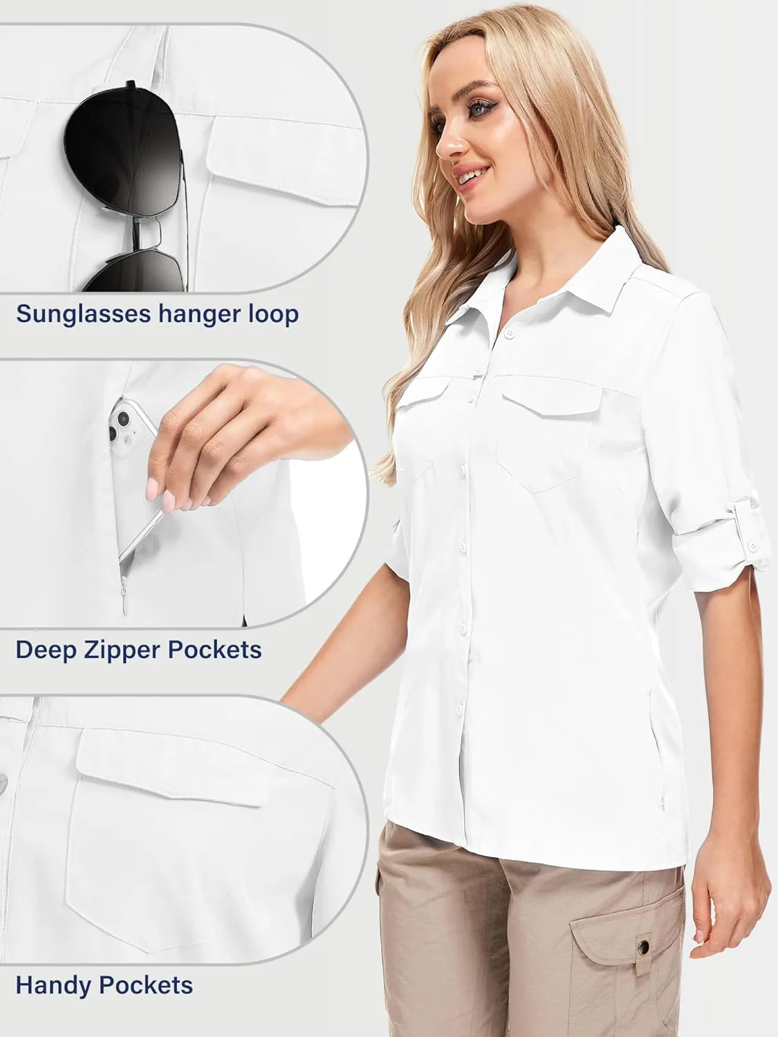 Women UPF 50  Sun Protection Safari Shirts Quick Dry Lightweight Outdoor Fishing Hiking Travel Shirts with Zipper Pockets