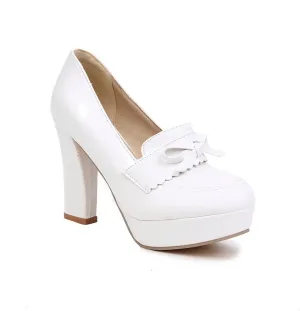Women's Platform High Heel Pumps Round Toe Fashion Bow Chunky Block Heeled Slip on Dress Office Shoes