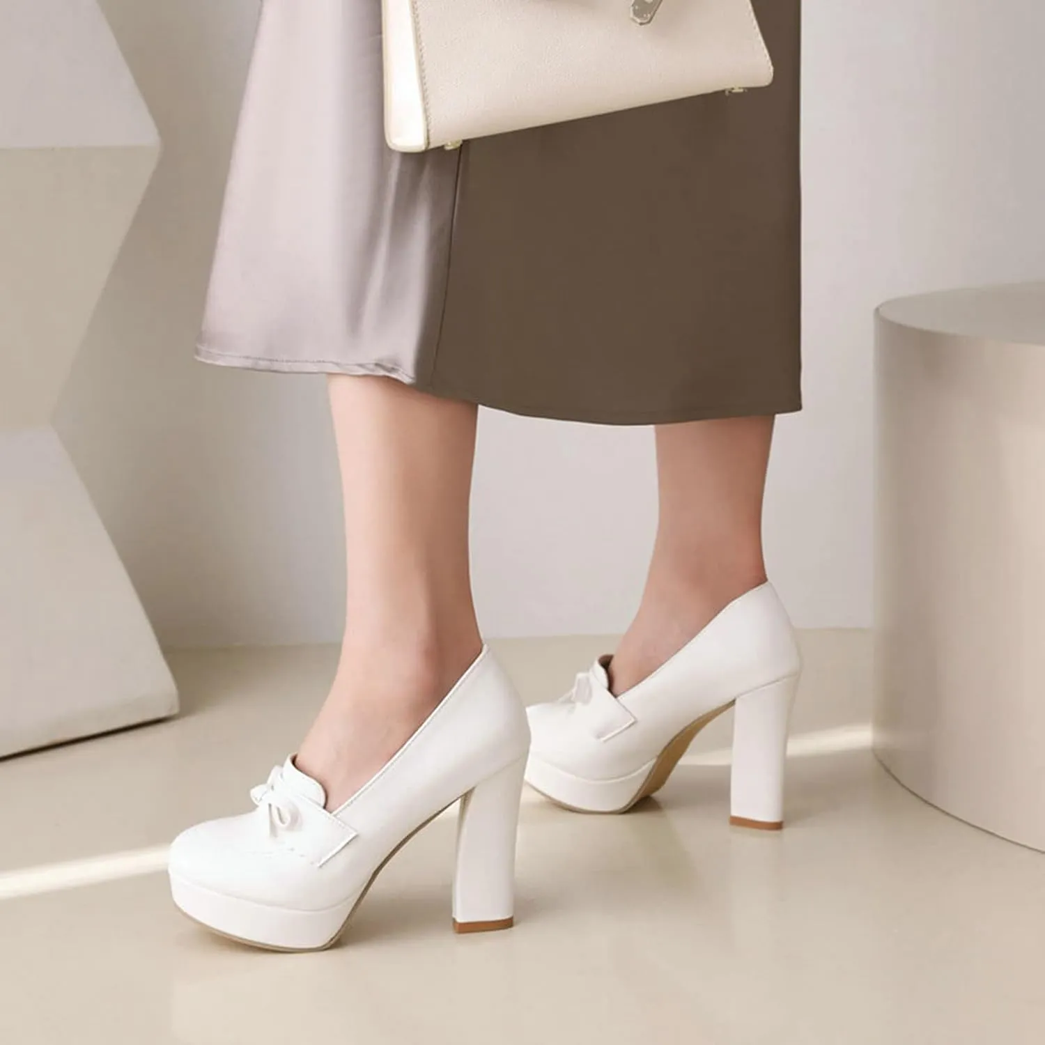 Women's Platform High Heel Pumps Round Toe Fashion Bow Chunky Block Heeled Slip on Dress Office Shoes