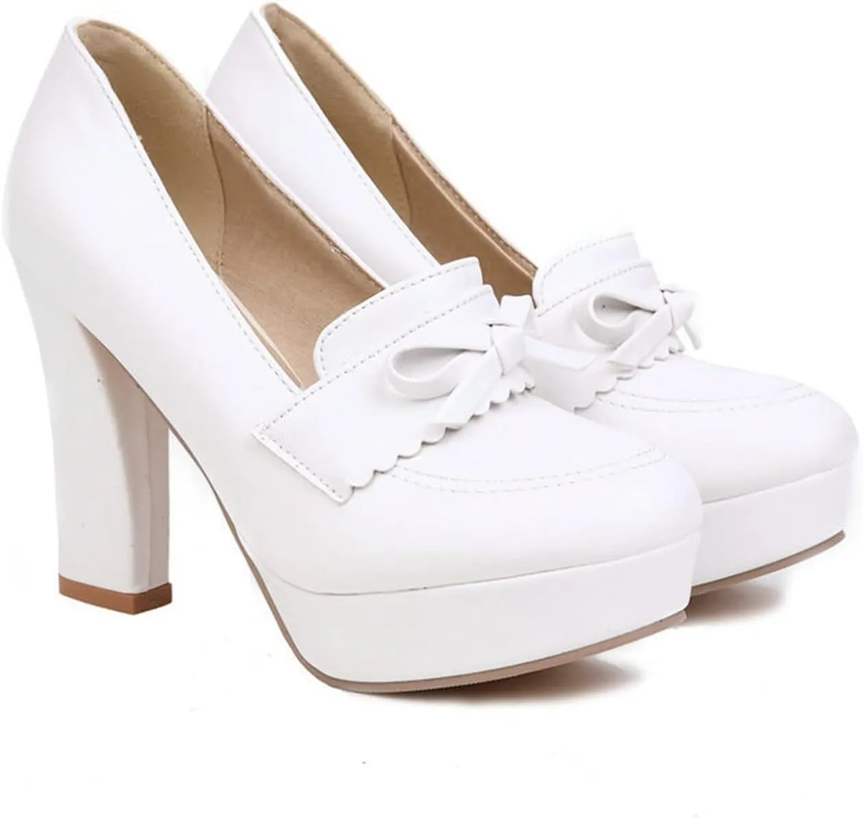 Women's Platform High Heel Pumps Round Toe Fashion Bow Chunky Block Heeled Slip on Dress Office Shoes